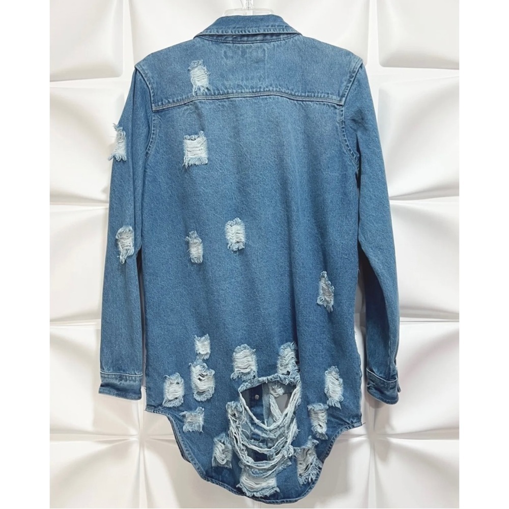American Bazi Sz M Long Tunic Distressed Ripped Denim Duster Jacket NEW - Picture 5 of 9